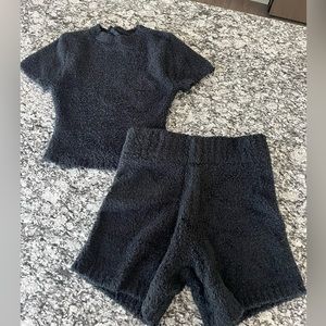 SKIMS Black Cozy Short Sleeve Top & Shorts Set